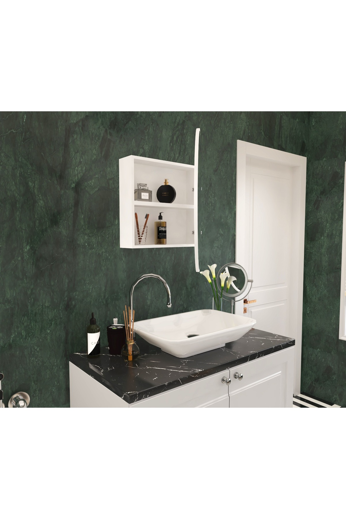 bathroom cabinet with oval mirror -white