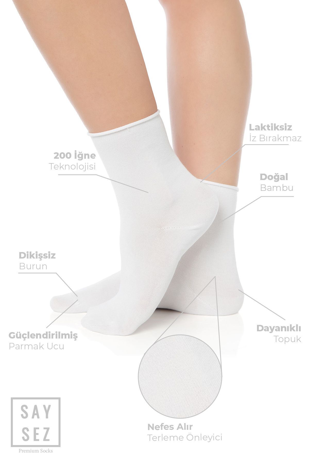 Bambu Kadın Lastiksiz Beyaz Soket Dikişsiz Premium Çorap 3lü Paket / İz Bırakmaz / Sıkmayan Çorap
