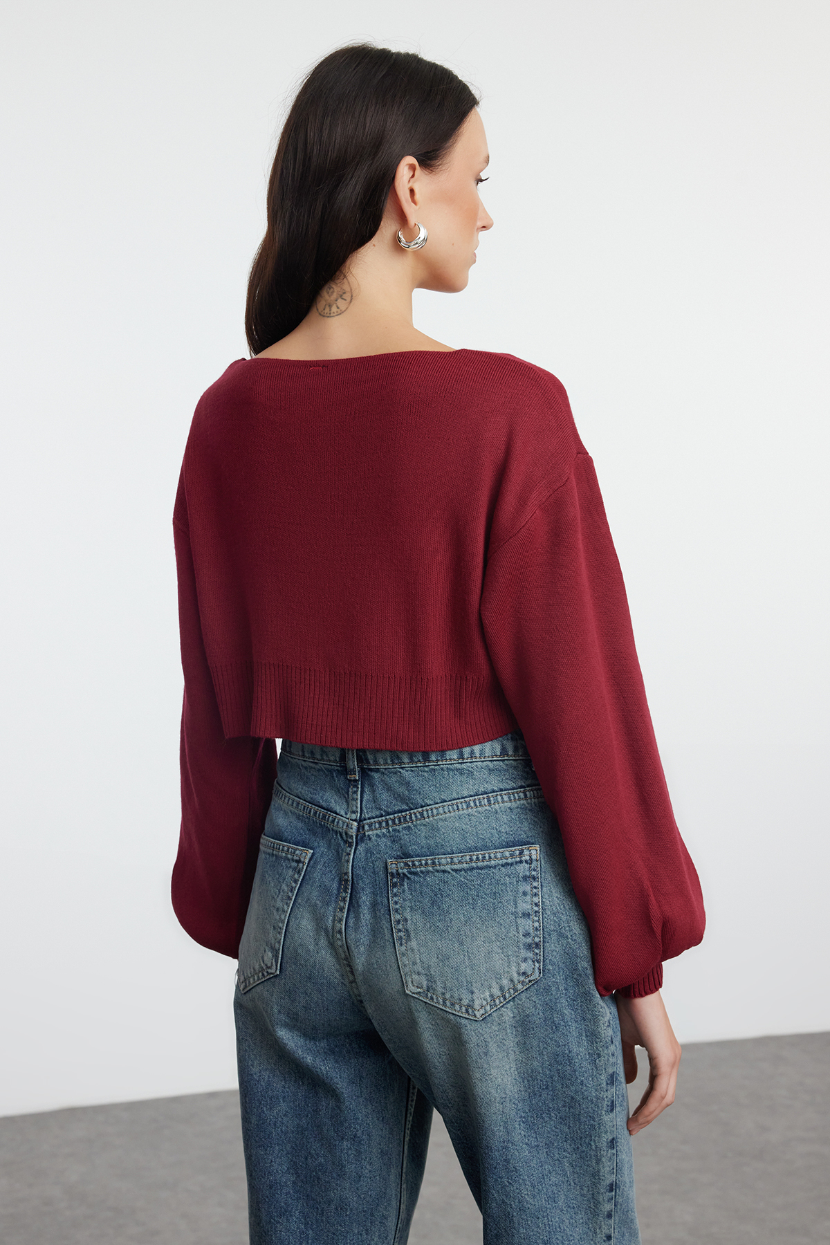 Trendyolmilla  Bordo Süper Crop Basic Fiyonklu Triko Hırka TWOAW24HI00315 - Görsel 5