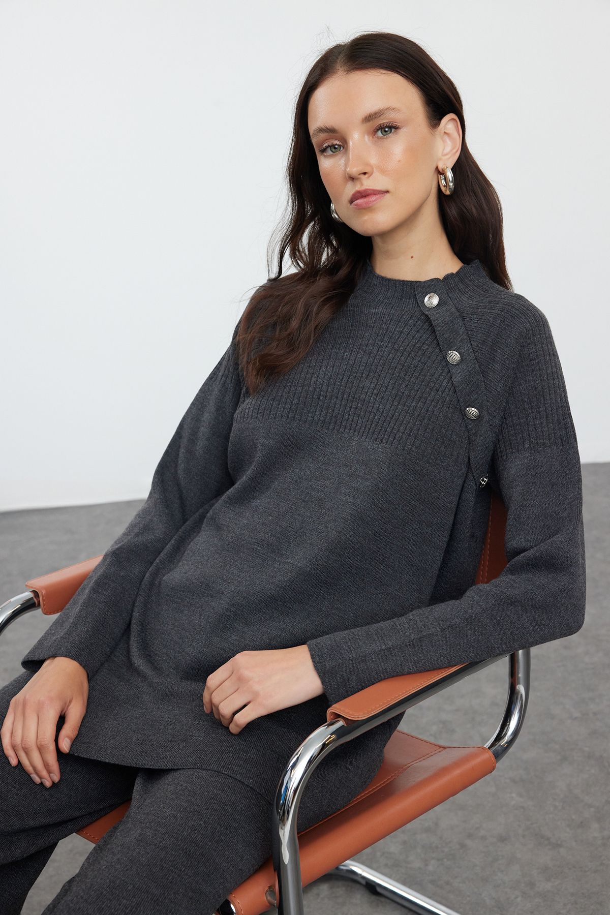 Trendyol Modest-Anthracite Knitwear Top and Bottom Set - Button Detailed TCTAW24US00042 2