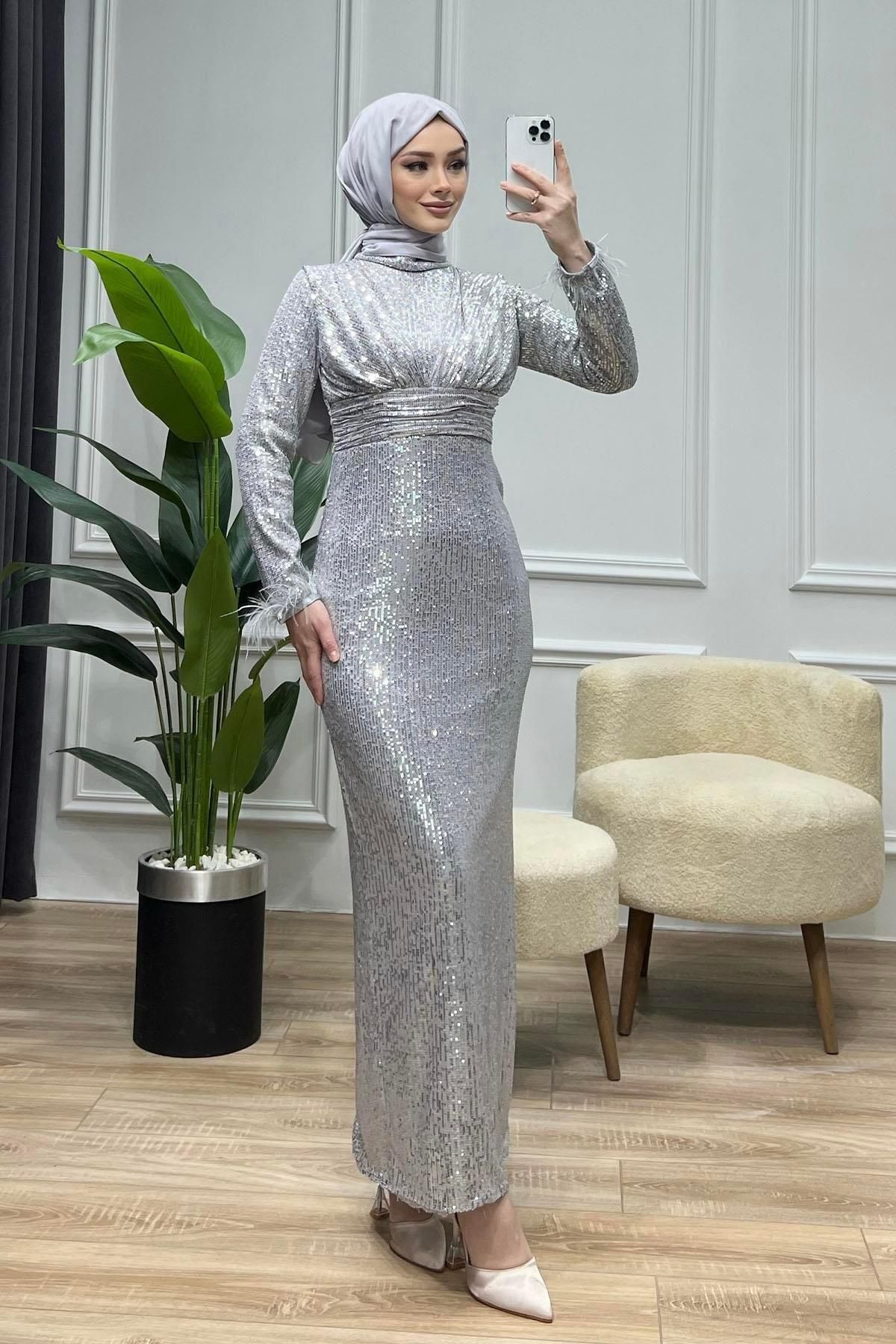 Modaensarbutik Sequined Cuff Feathered Hijab Evening Dress SILVER Trendyol