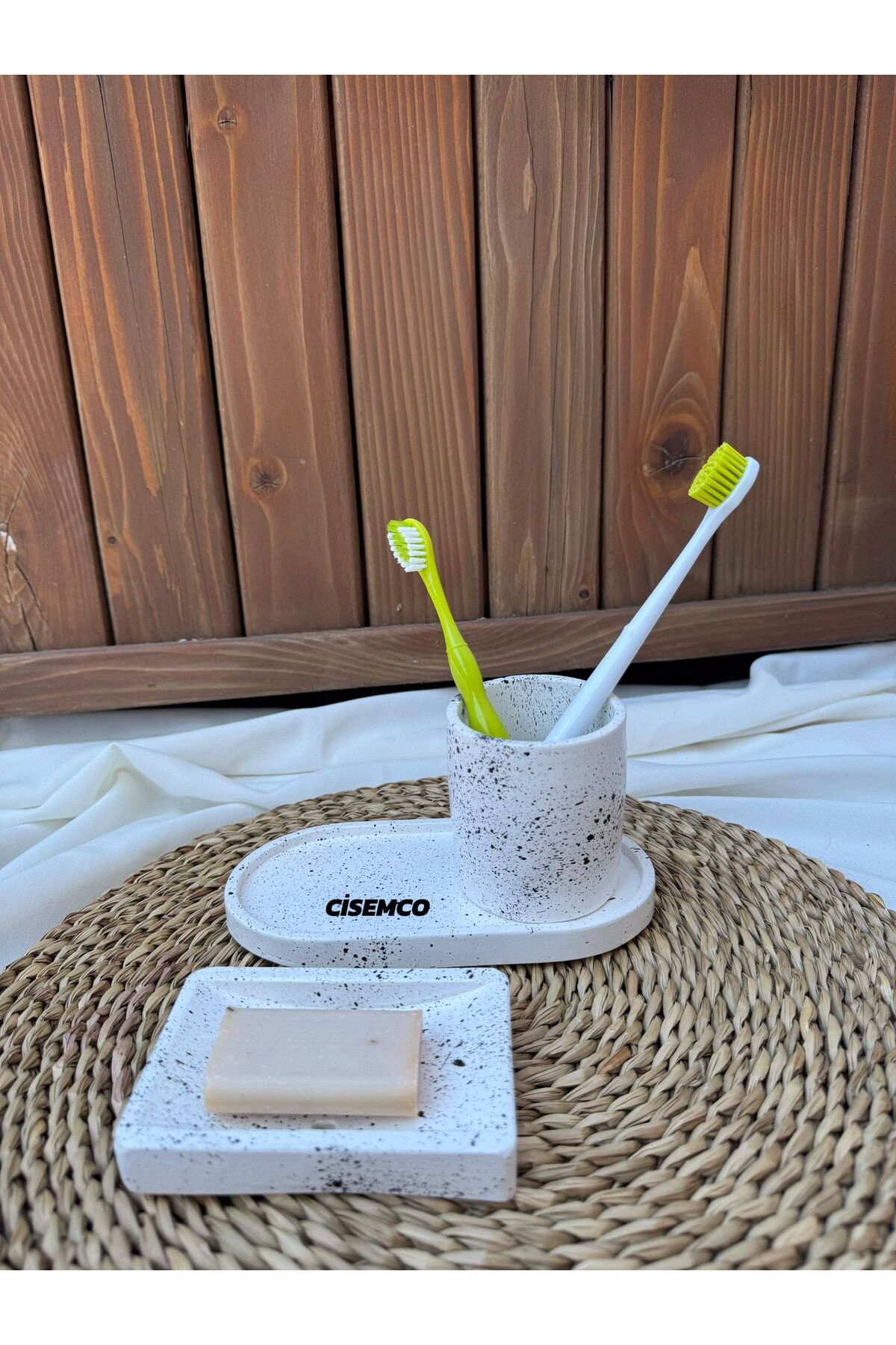 3 Piece Concrete Marble Pattern White Bathroom Set Solid Soap Dish Toothbrush Holder Decorative Presentation Tray