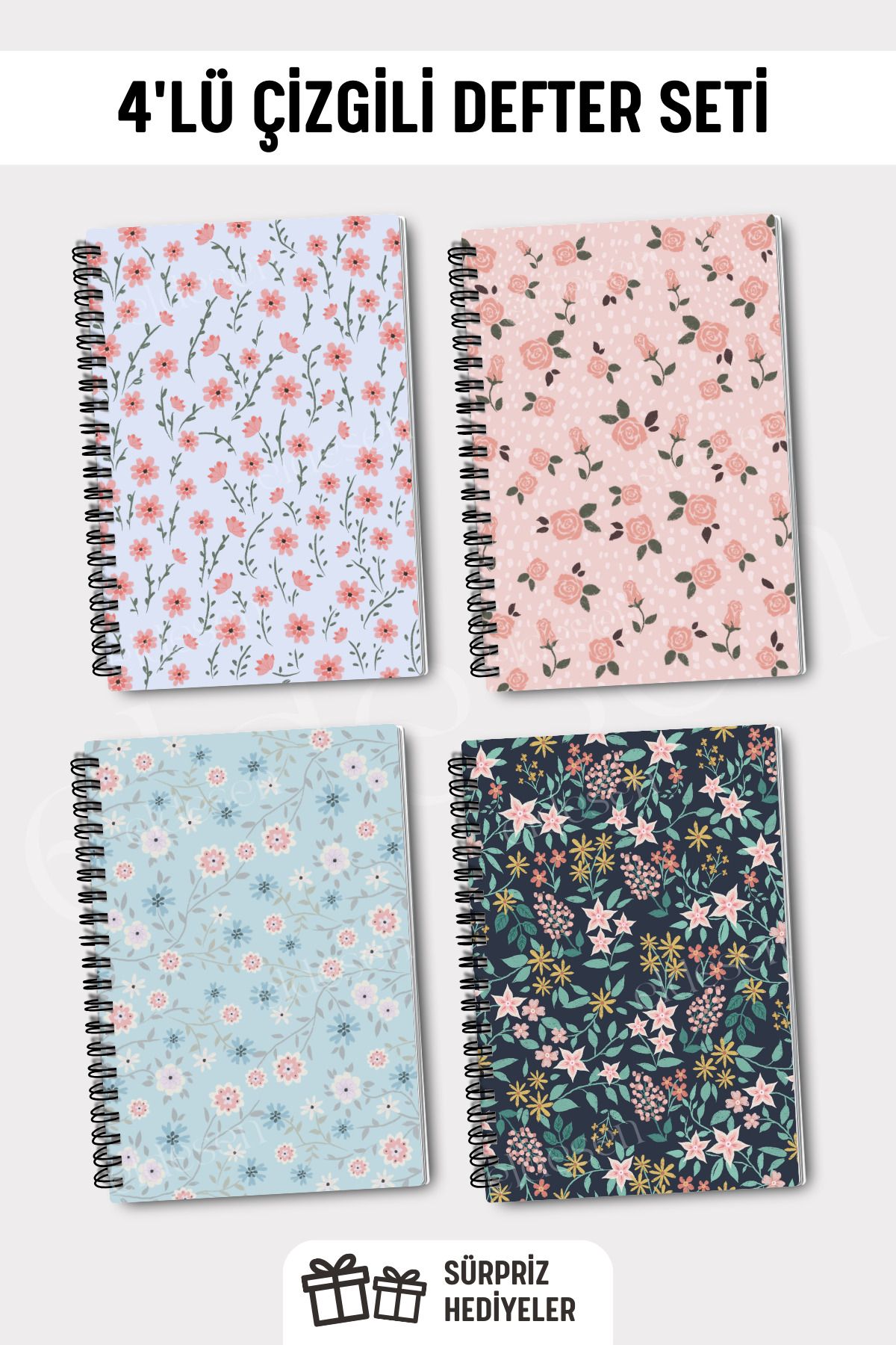 Eldesen Tasarım-A5 Size Set of 4 - Spiraled Lined School Notebook, 50 Sheets and 100 Sheets 1