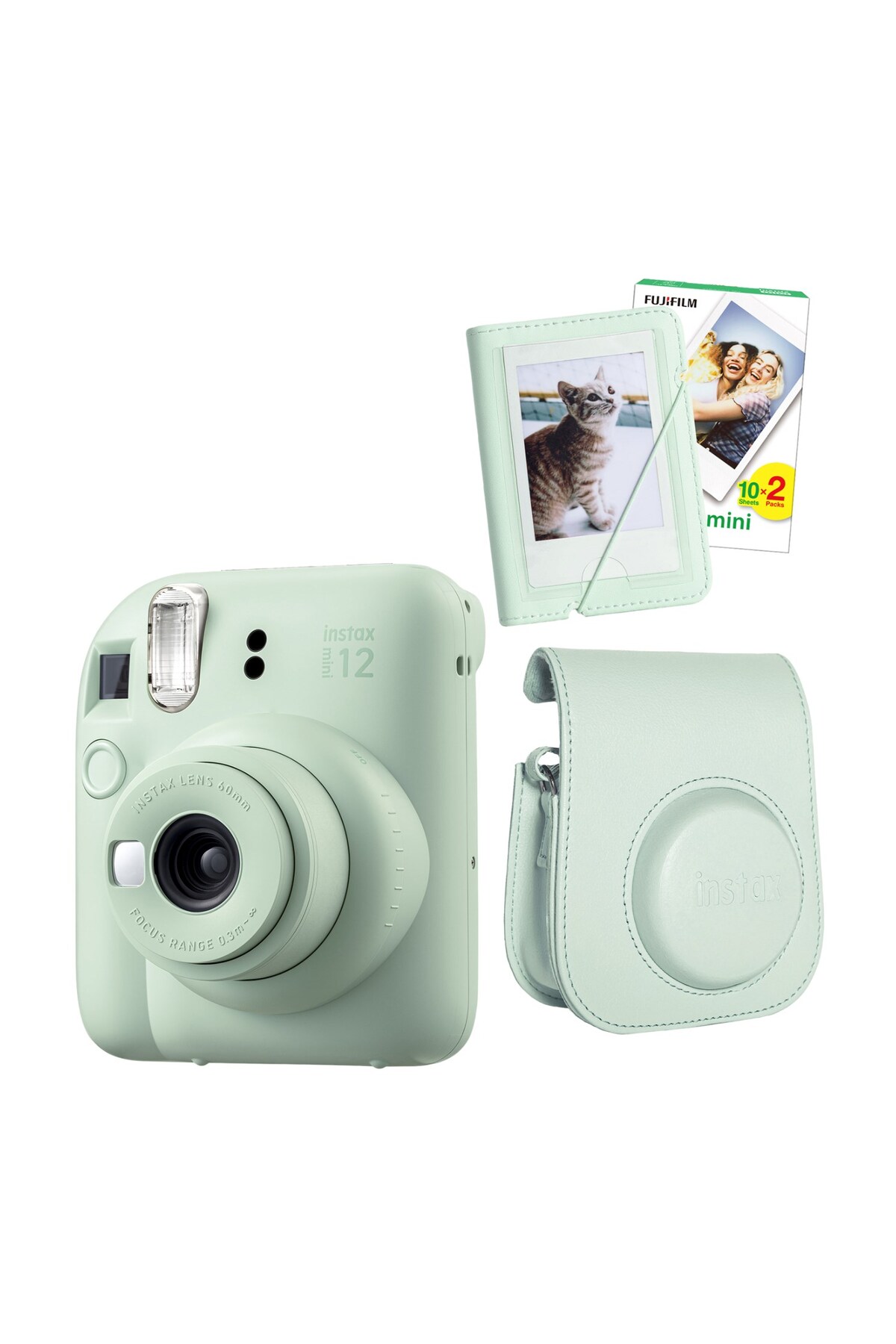 Fujifilm Instax Mini 12 Yeşil Fotoğraf Makinesi 20'lu Film Mini Albüm ve Deri Kılıf Seti