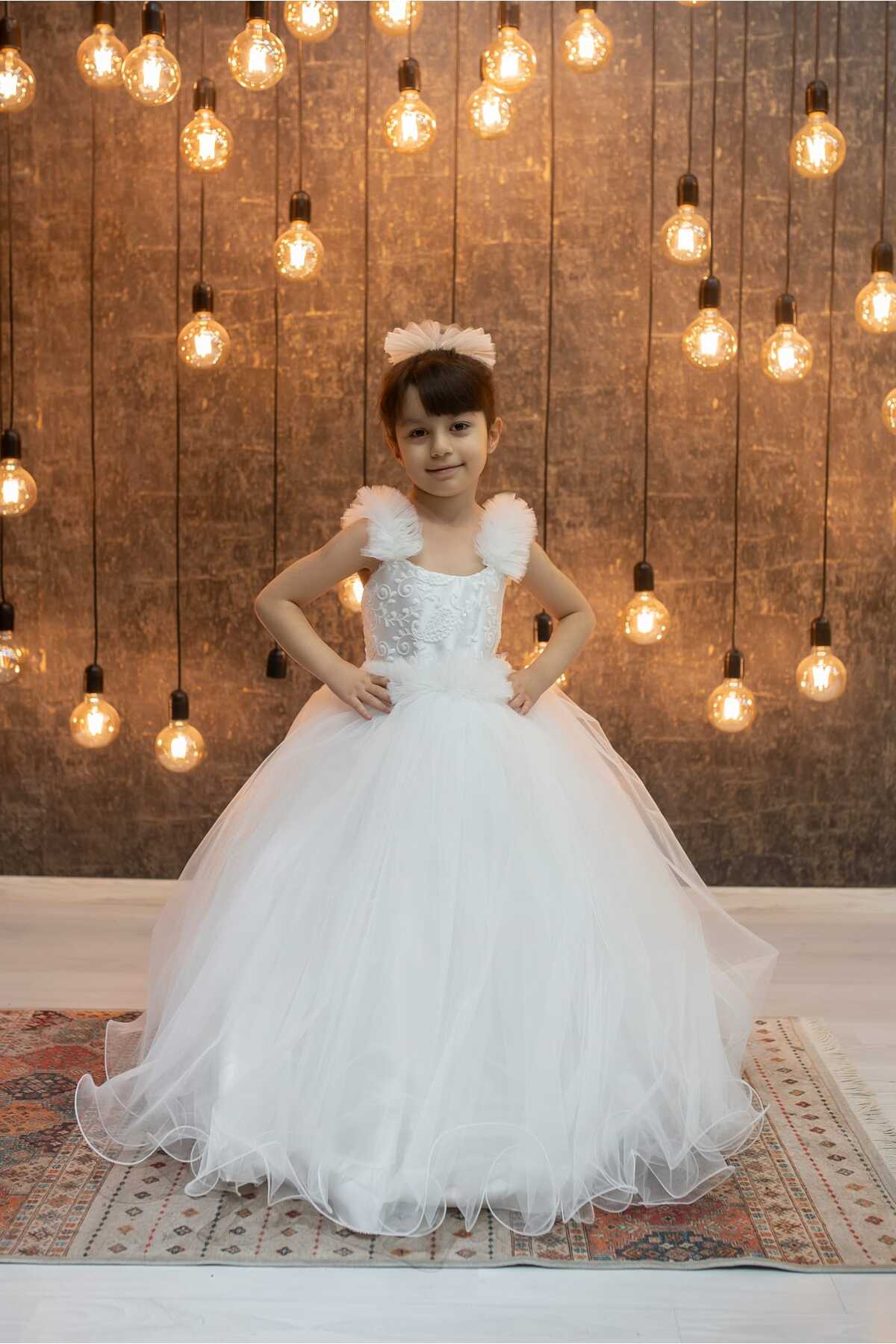 Genel Markalar Kız Çocuk Kabarık - Tarlatanlı Abiye Elbisesi Beyaz