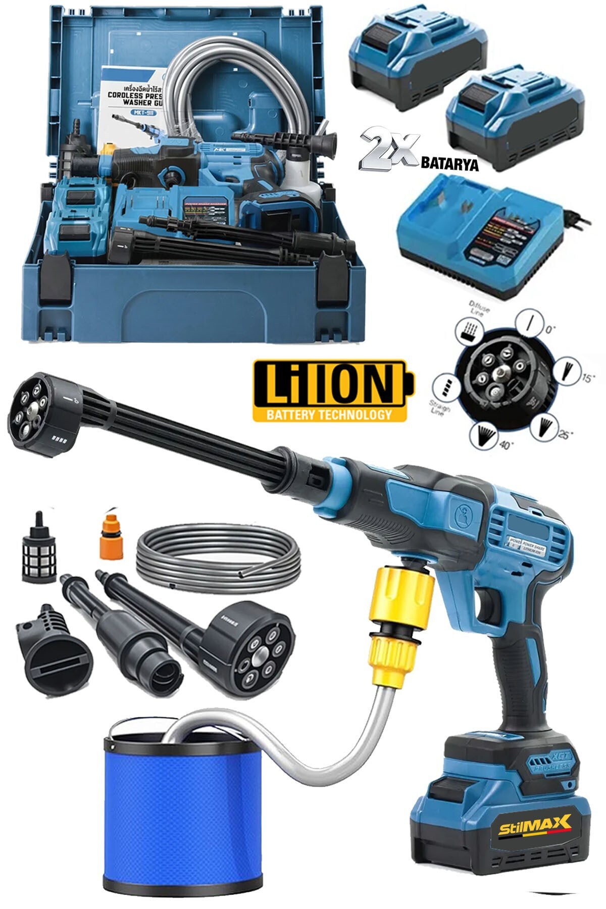 stilmax Kovadan Çekebilen Basınçlı 100Bar Çift Akülü Şarjlı Oto Araç Yıkama Bahçe Yıkama Temizleme Tabancası