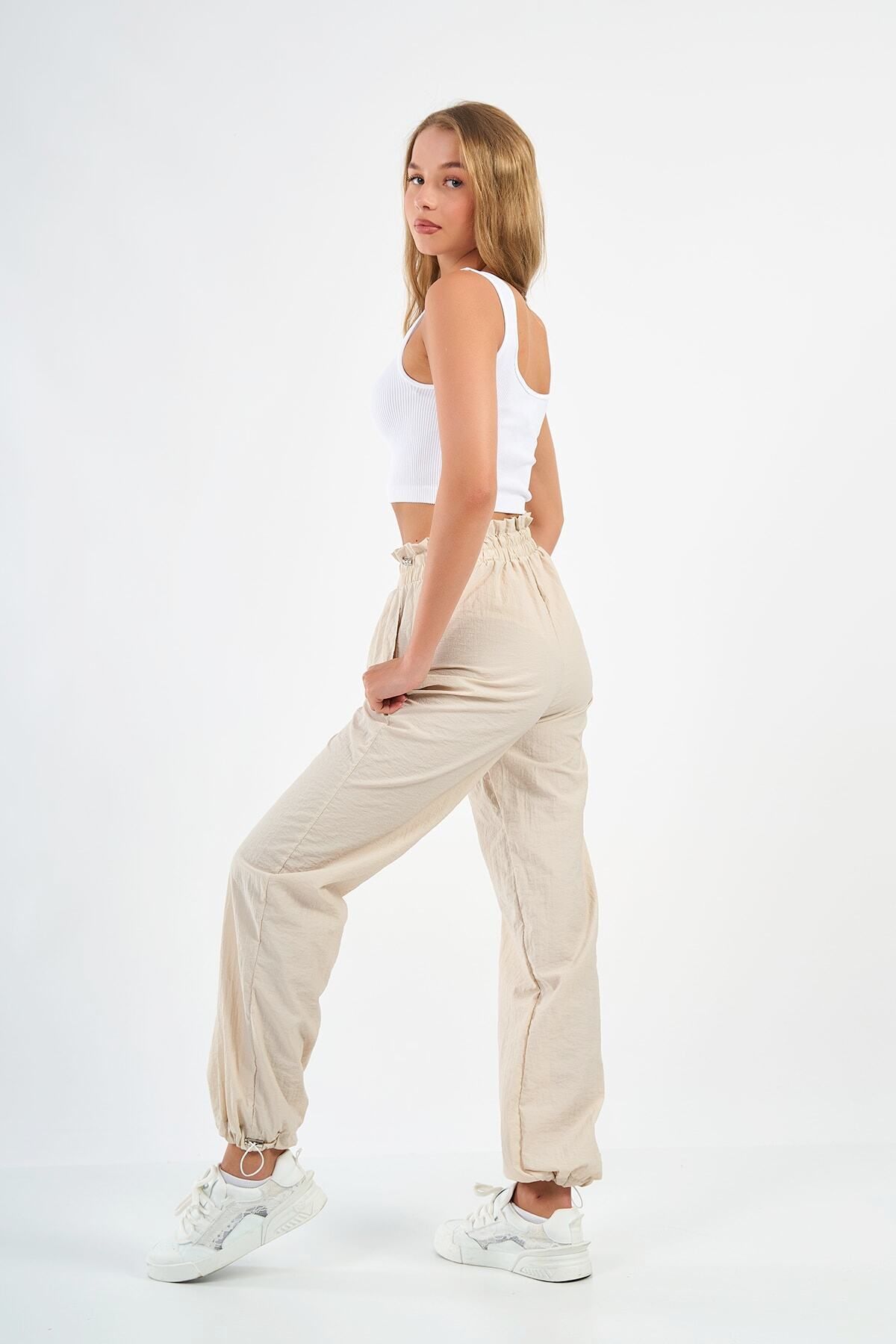SevdeUgur-Women's Cream Parachute Pants - CargoJoggerPants, Collection 5
