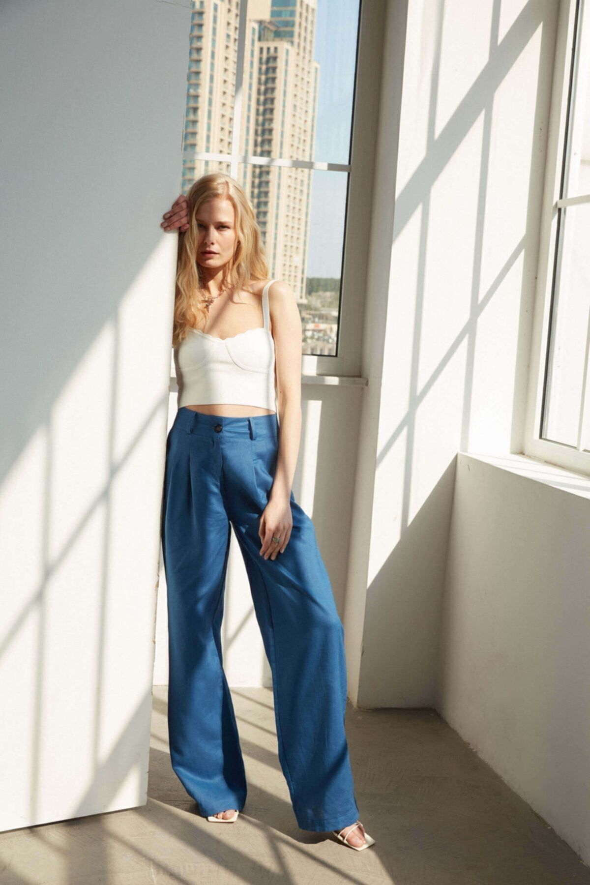 VATKALI-Leinenhose mit weitem Bein, Marineblau 4