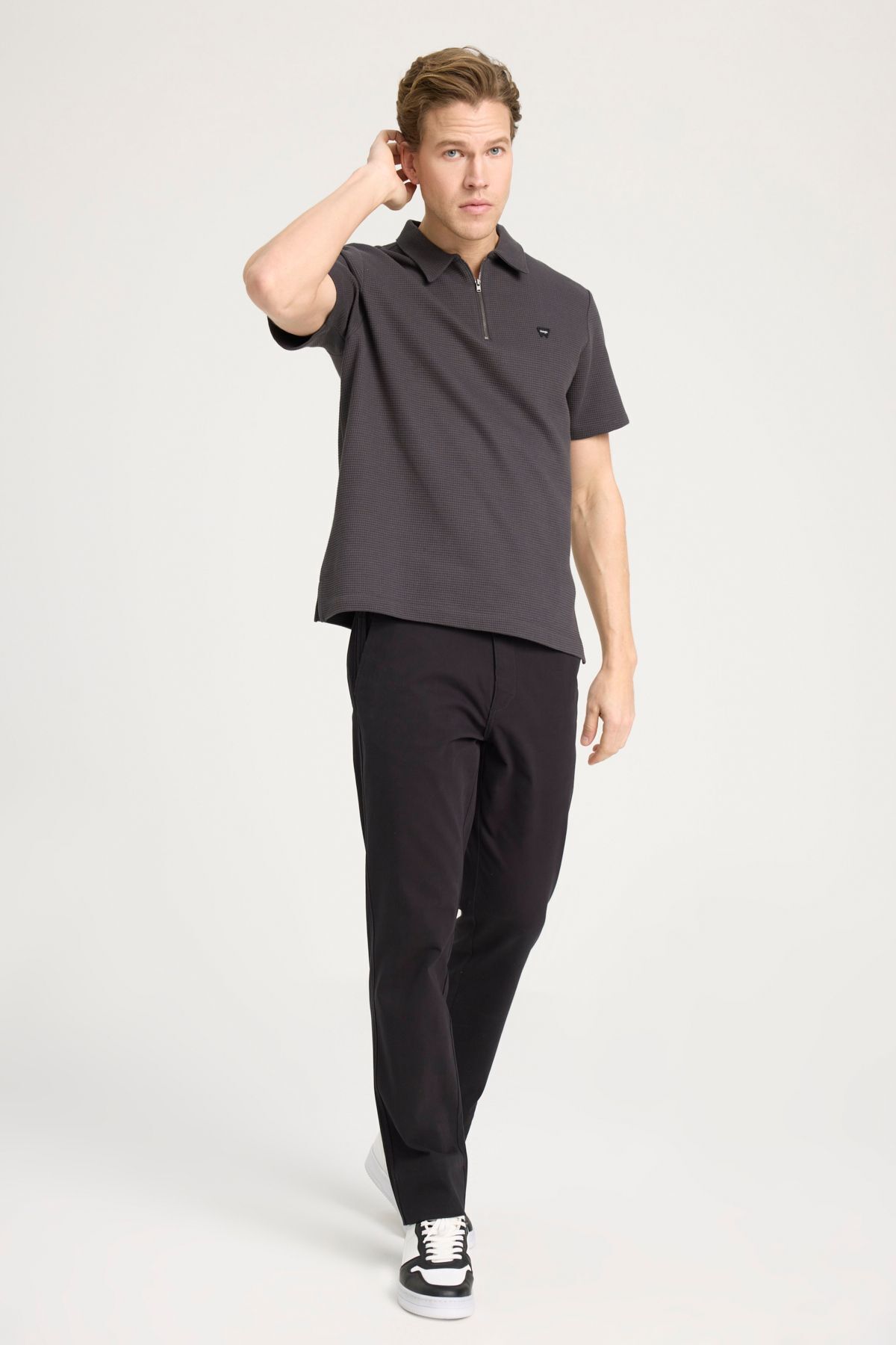 تی شرت یقه پولو مشکی مردانه سیاه مناسب و آرام گسترده نزدیک چوگان yaka Zipper 100 ٪ پنبه T shirt Wrangler