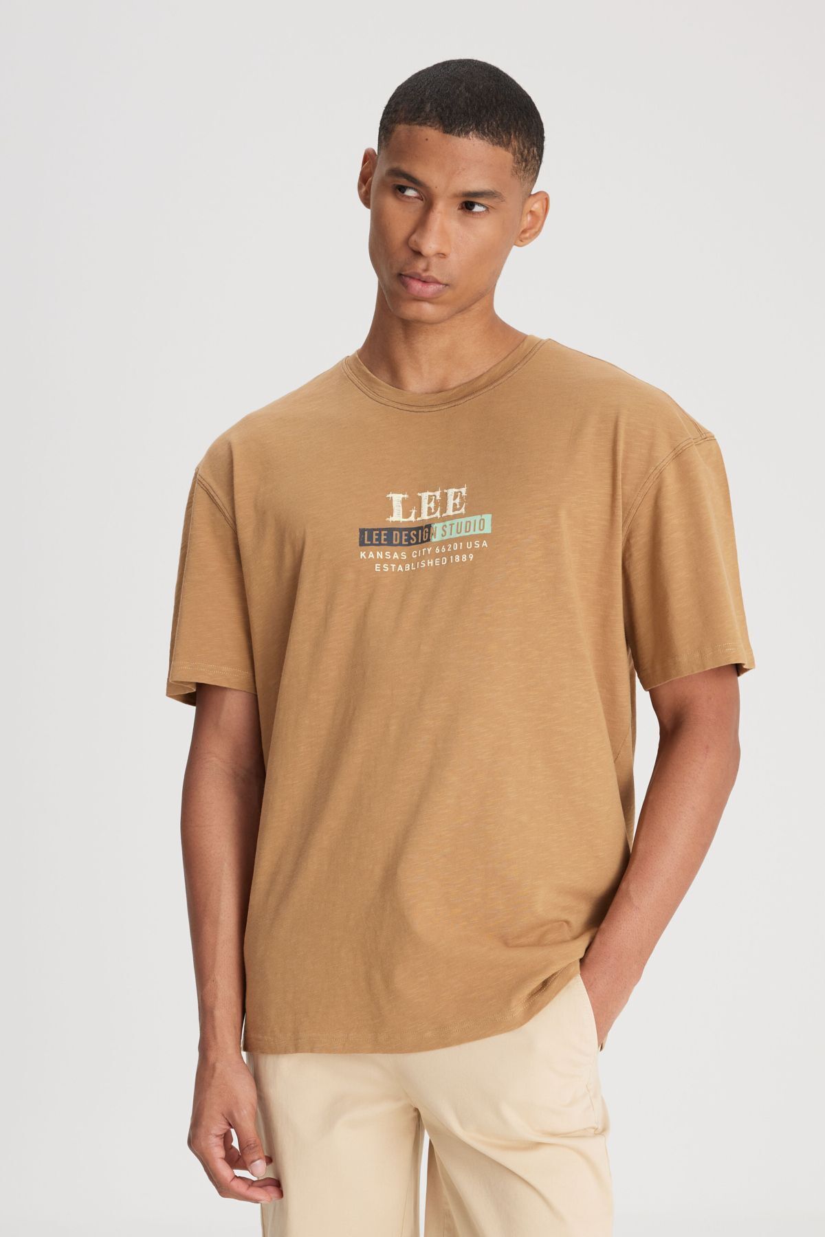 Lee-Braunes T-Shirt mit Rundhalsausschnitt aus 100 % Baumwolle mit normaler Passform 3