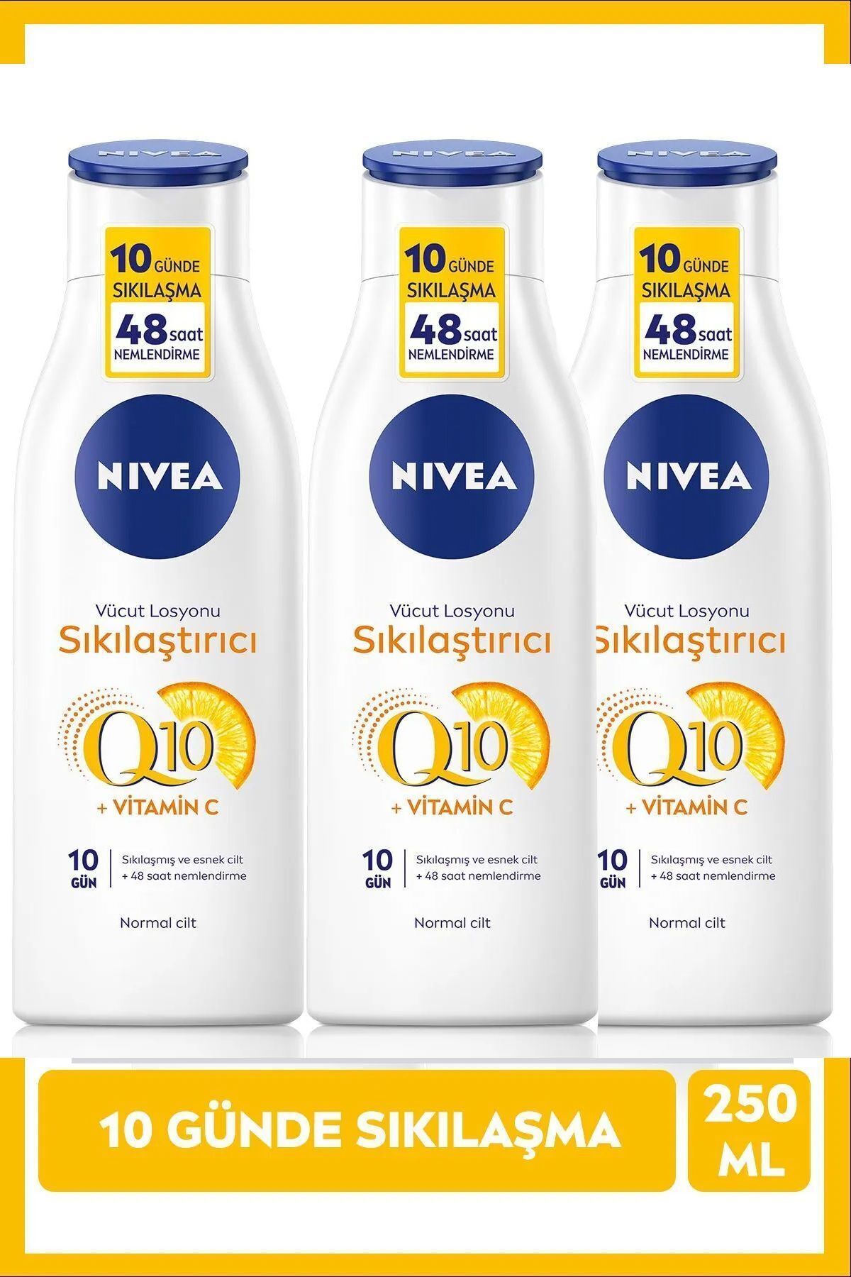NIVEA Q10 Sıkılaştırıcı ve C Vitaminli Vücut Losyonu 250 ml, 48 Saat Nemlendirici, X3 Adet