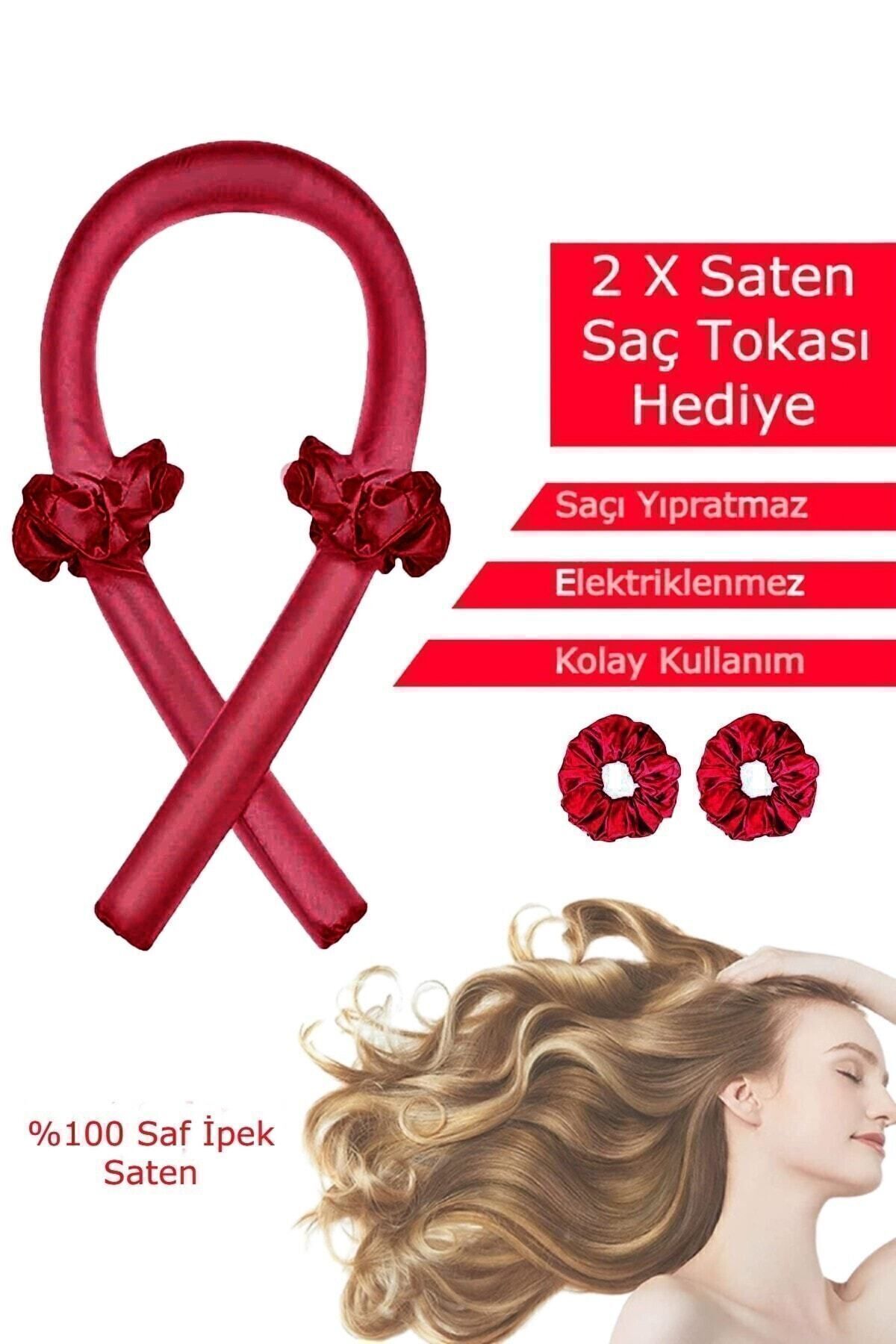 Deko Dekor Isısız Saç Şekillendirme Seti Bordo Saten Saç Sosisi Saç Bigudisi Seti Saç Şekillendirici Saç Bandı