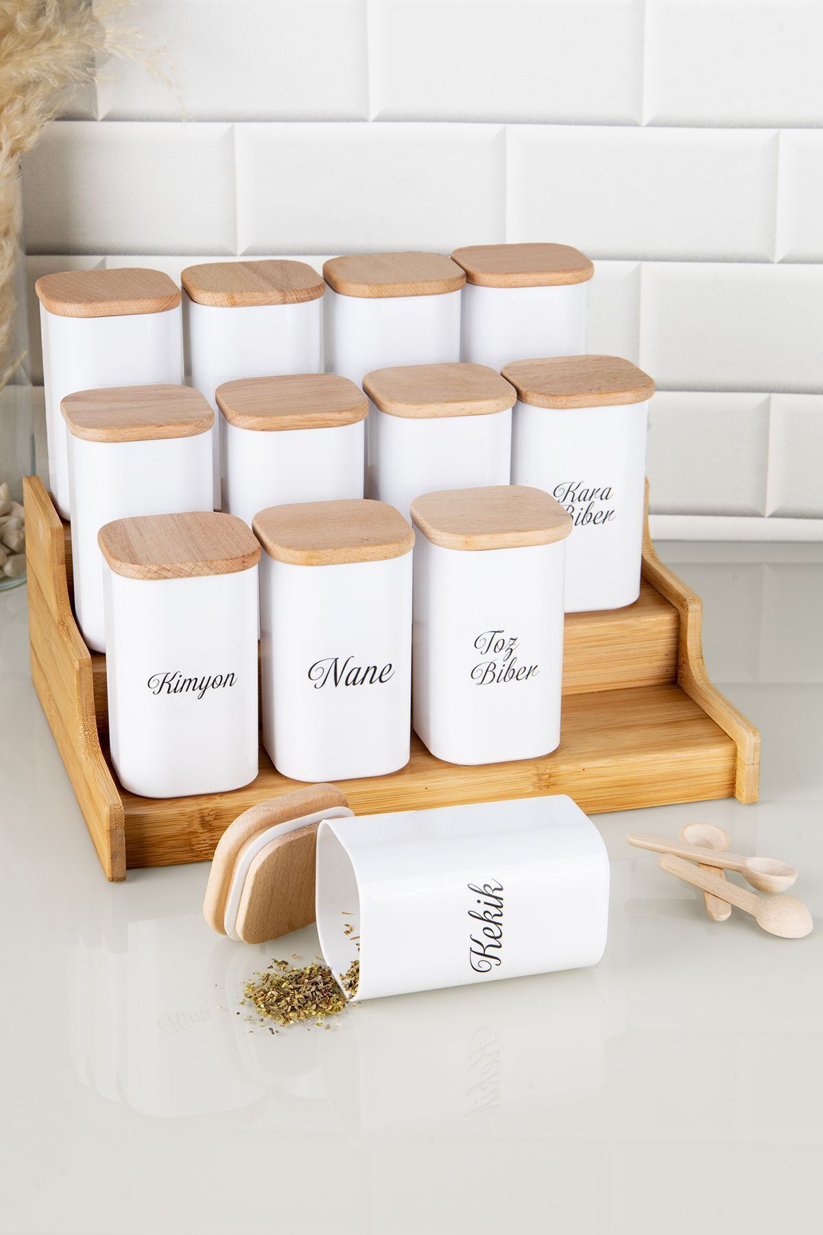 12 pcs 250 ml Bamboo Stand Vacuum Wooden Cover Porcelain Look Acrylic Spice Spoon Label