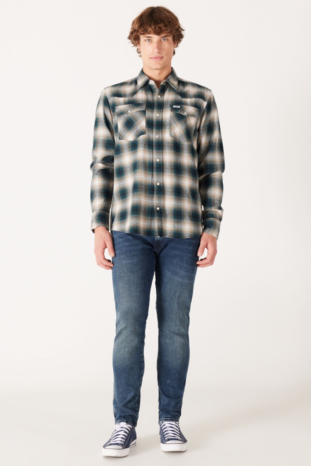 پیراهن / بلوز دکمه دار سبز مردانه برش روزمره شل 100 ٪ آستین بلند پنبه Wrangler
