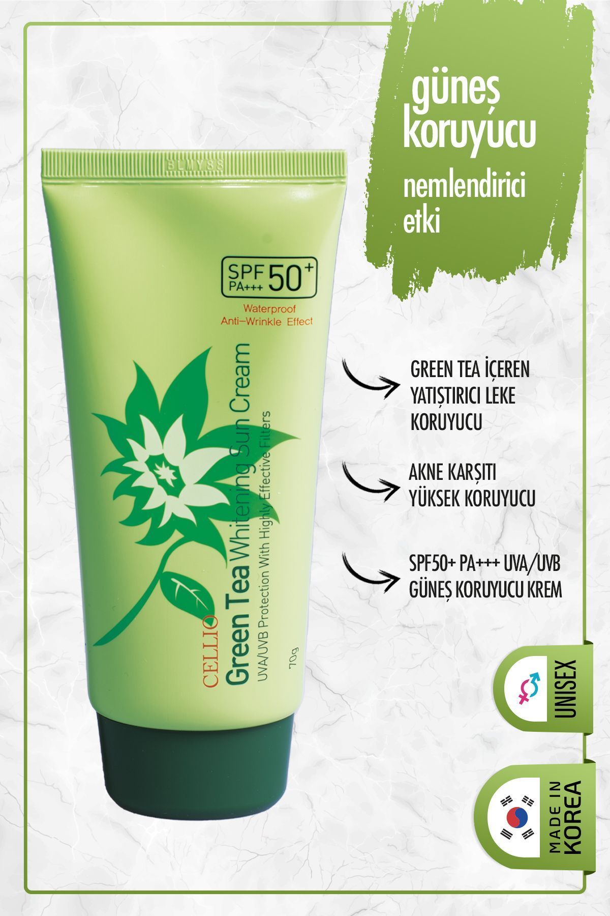 2 بسته ضد آفتاب، کرم مرطوب کننده ضد آفتاب با چای سبز + هیالورون Spf50 Pa Uva/uvb DR. CELLIO