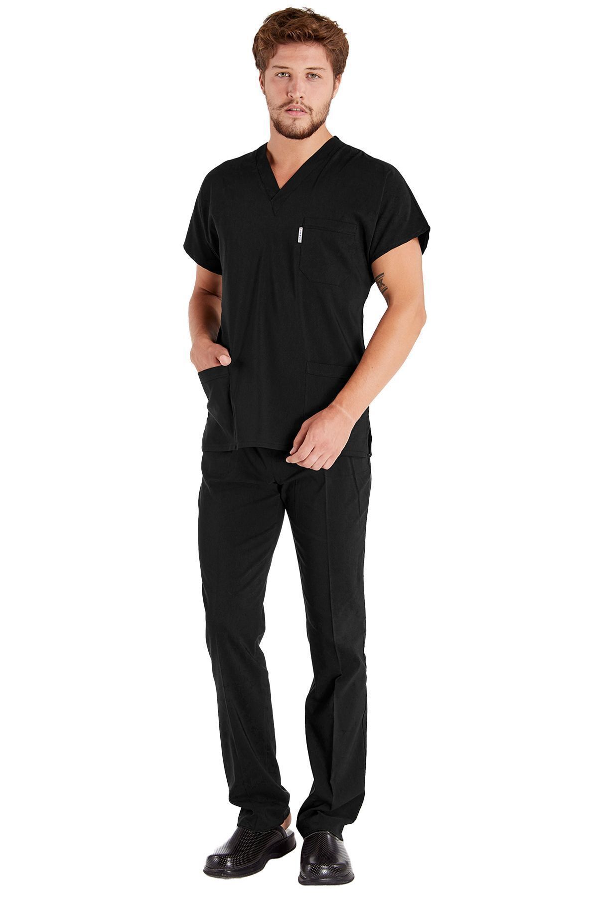 Scrubs Flex-Tricou chirurgical și costum de asistentă pentru bărbați din țesătură groasă neagră - Lycra 4