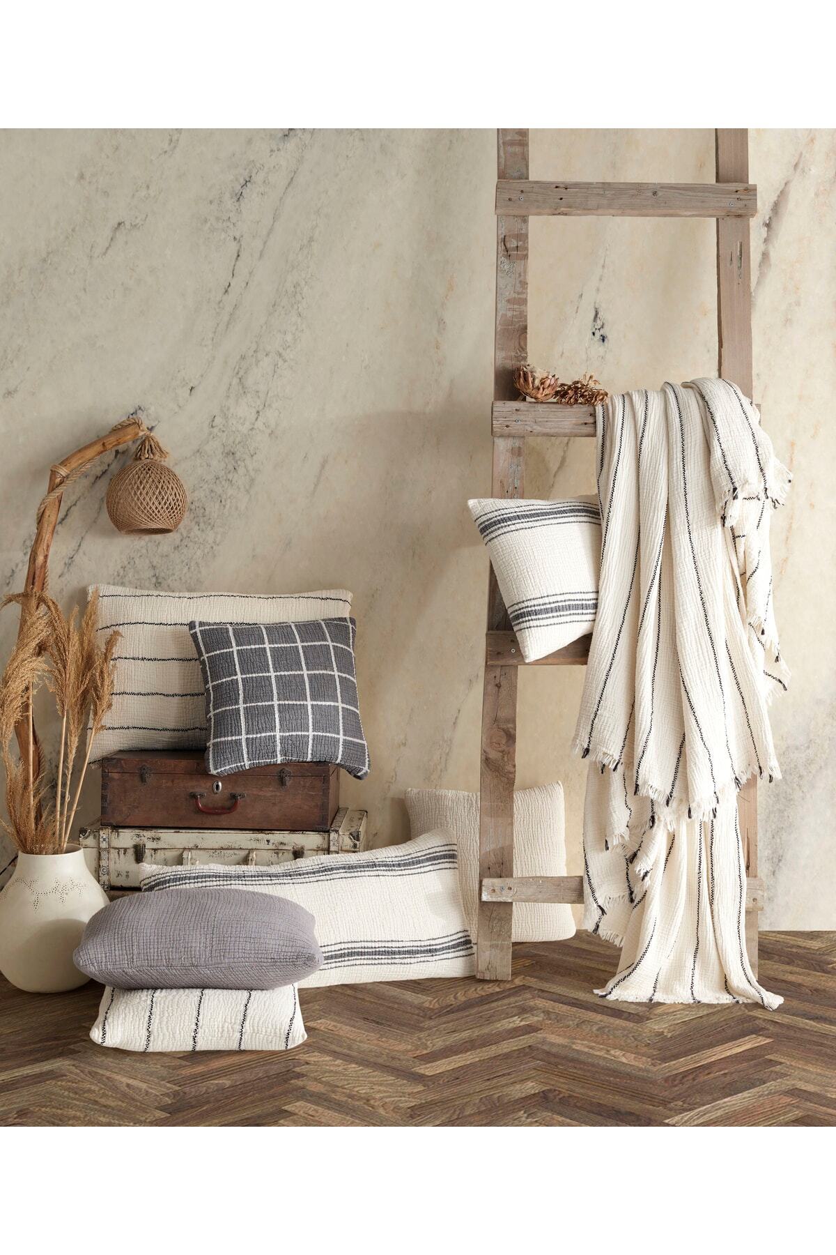 Bej Etnik Desenli Naturel 4 Katlı Muslin %100 Pamuk Tek Kişillik Yatak Örtüsü/Pike 160x240cm 7