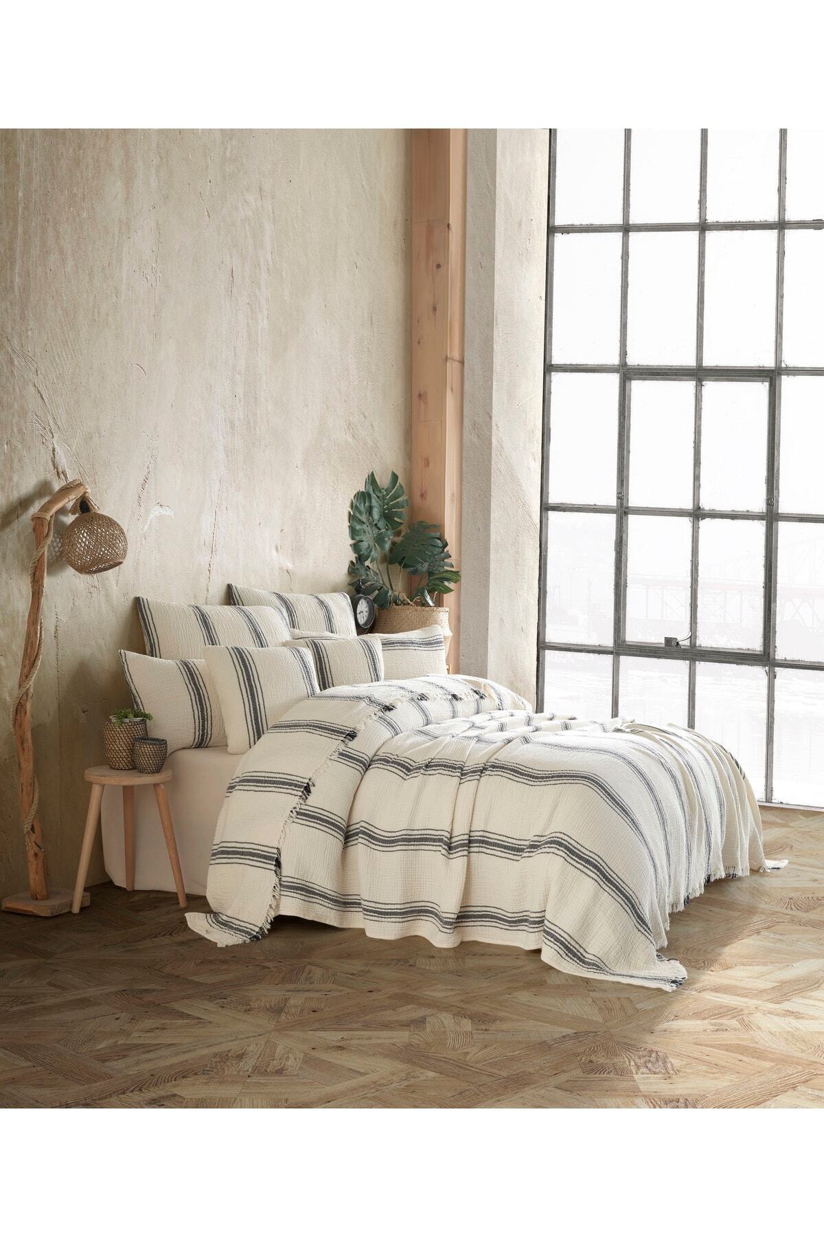 destinyhometex Bej Bohem Desenli Naturel 4 Katlı Muslin %100 Pamuk Tek Kişillik Yatak Örtüsü/Pike 160x240cm