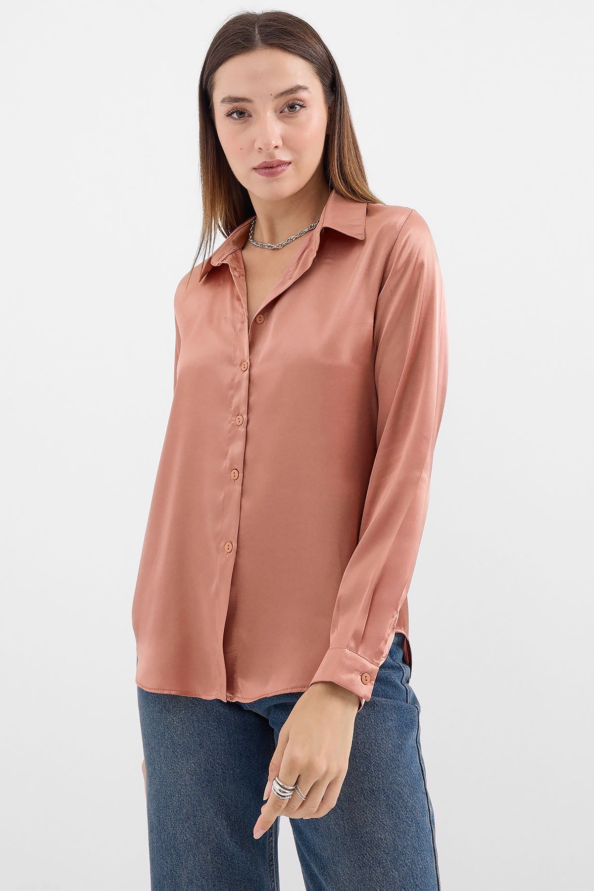Bigdart-3964 Lightly Flowing Satin Shirt - Camel 3