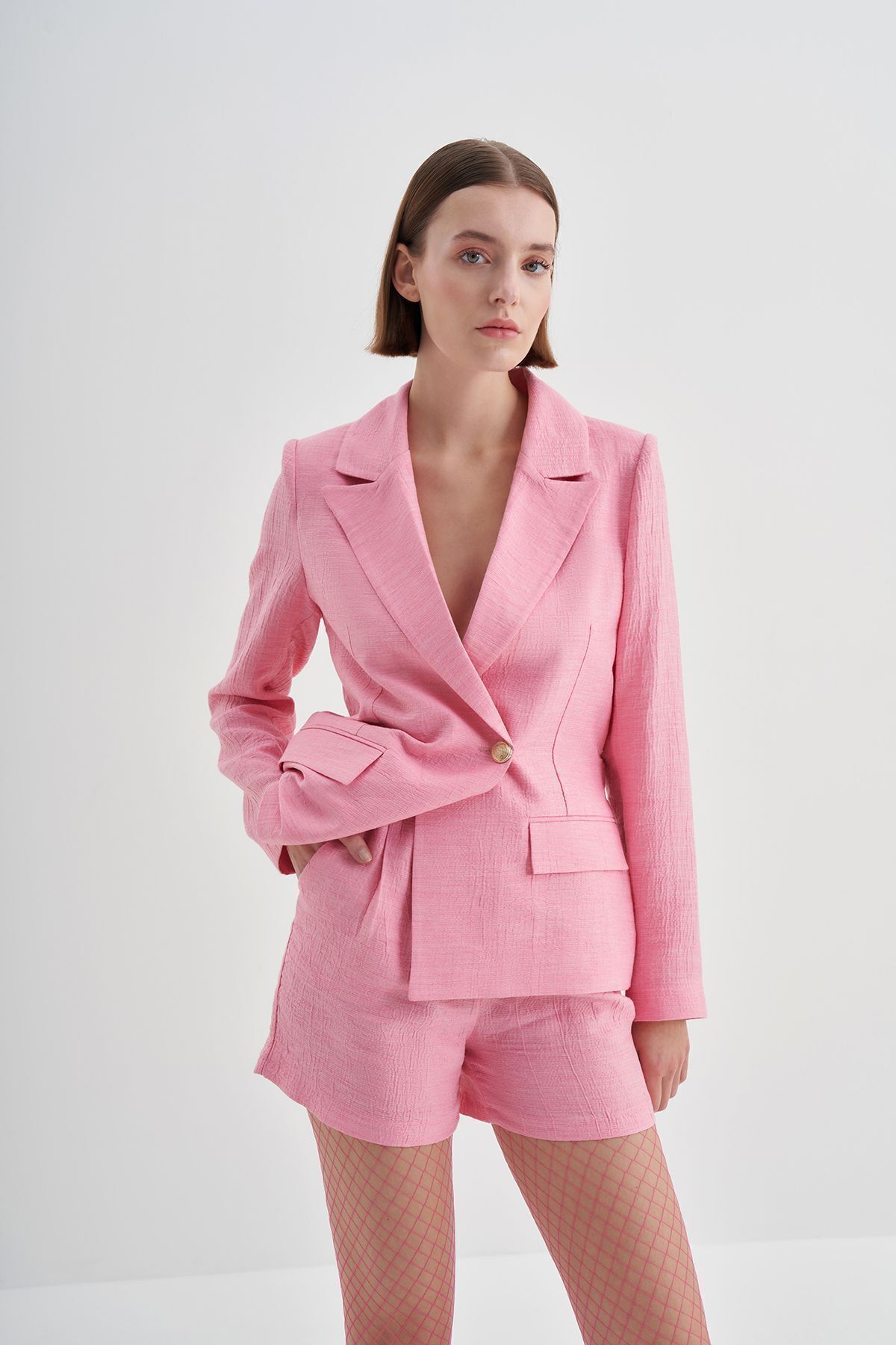 Yake-Pink Short Shorts with Double Pleated Button Detail 1