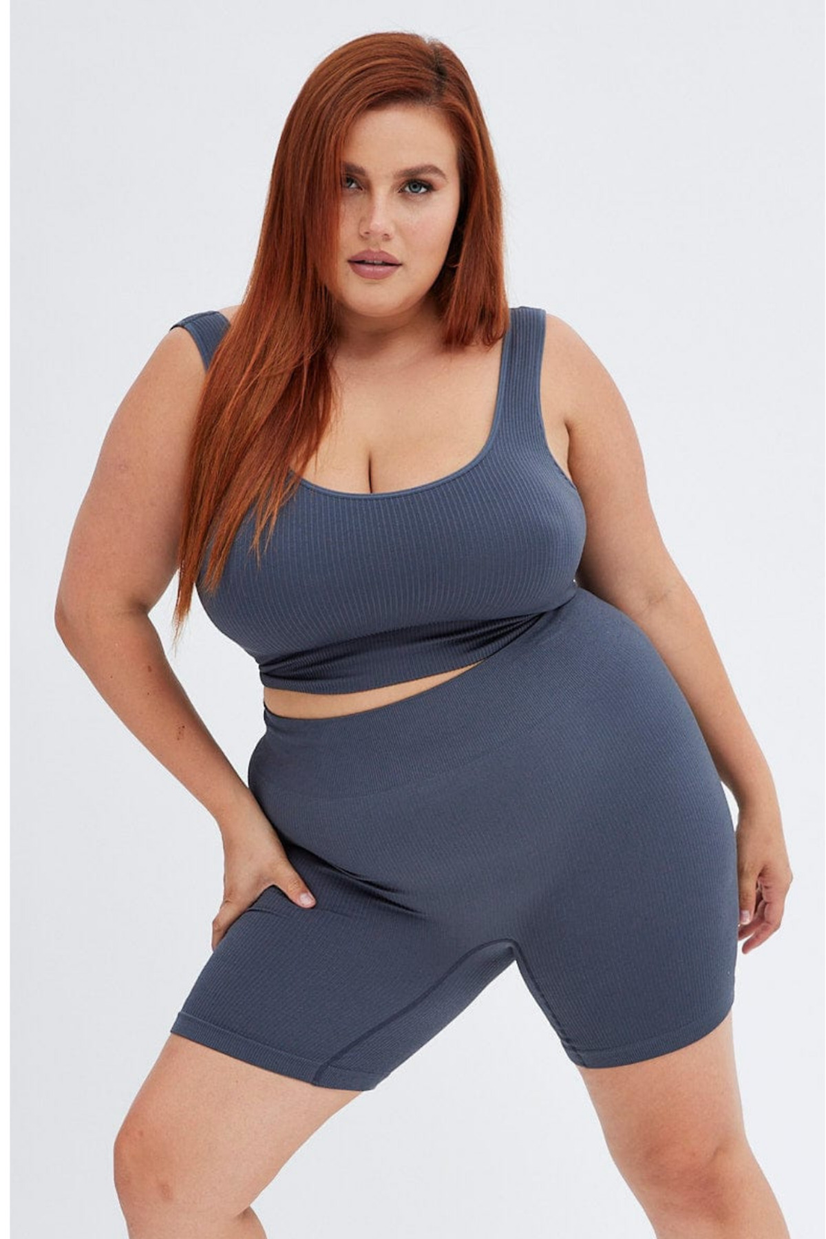 BANEGA Curve Kadın Büyük Beden Fitilli Yüksek Bel Toparlayıcı Örme Biker Şort Kısa Antrasit Tayt