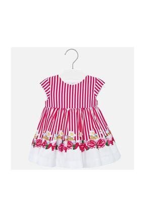 Kız Bebek Pembe Etekleri Çiçek Baskılı Çizgili Elbise TX72E3E7324267