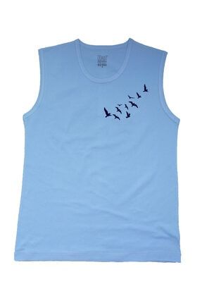 Açık Mavi Erkek Kolsuz T-shirt Kuşlar Desenli Dijital Baskılı RFTS199