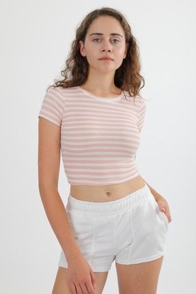Kadın Pembe Çizgili Kaşkorse Basic Crop T-shirt MDTRN14677