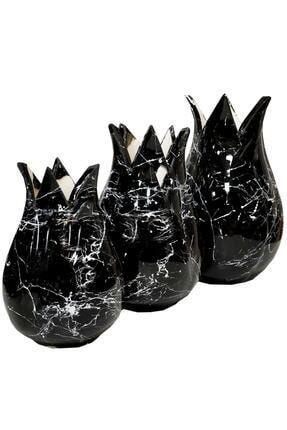 3'lü Çini Lale Vazo Set siyah mermer desen lale vazo set