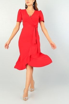 Şık Kadın Kırmızı Eteği Volanlı Kruvaze Yaka Kuşaklı Elbise Abiye Elbise 72786 092 TKN-EMR-092