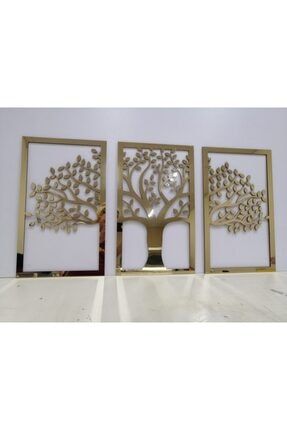 3 Parça Hayat Ağacı Gold Pleksi & Ahşap Duvar Dekor 452