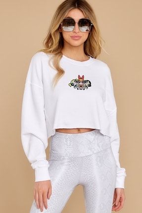 Kadın Beyaz Powerpuff Girls Gang 3 Baskılı Crop Örme Sweatshirt CKB0154-KDNCR