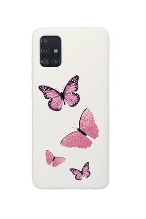 Samsung A51 Pembe Kelebekler Desenli Premium Silikonlu Beyaz Telefon Kılıfı pembekelebeklera51byz