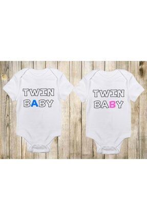Beyaz İkiz Bebeklere Özel Twin Baskılı Bebek Zıbını - Ikiz Bebek Kız Erkek Ikiz Bebek twinbaby023bez