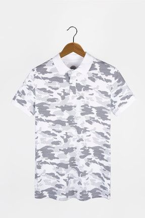 Erkek Beyaz Desenli Polo Yaka Slim Fit T-shirt VAVN9K-3400504