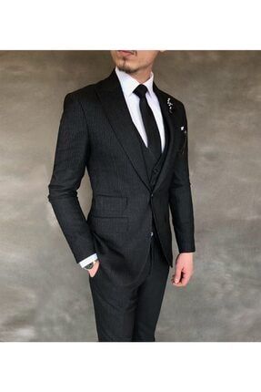 İtalyan Stil Slim Ceket Yelek Pantolon Takım Elbise Siyah T5963