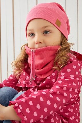 Kız Bebek Çocuk Pembe Ip Detaylı Şapka Bere Boyunluk Takım Rahat %100 Pamuklu Kaşkorse Yerli BG85501ST