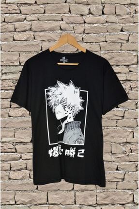 Siyah Geniş Kalıp My Hero Academia Bakugou Baskılı Unisex Anime T-shirt FRK01MHBG