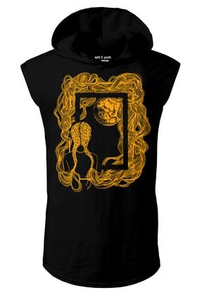 Unisex Umut Tasarım Kapşonlu Kolsuz Siyah T-shirt ART401