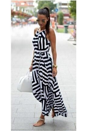 Kadın Siyah Beyaz Asimetrik Desen Esnek Krep Kumaş Uzun Kiloş Elbise MC-EMR-070