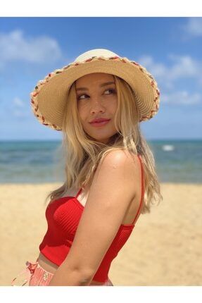 Kadın Hasır Plaj Şapkası Ekru Beyaz HMN-362