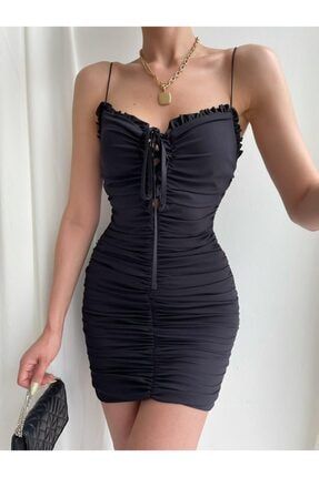 Siyah Mini Drapeli Elbise SDM-VEN0