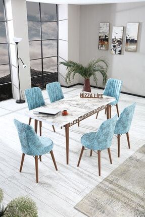 Angel Serisi Beyaz Yemek Masası Mutfak Masası Açılır Masa Takımı 6 Sandalyeli - Mavi Goldsr01