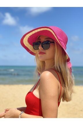 Kadın Hasır Plaj Şapkası Fuşya HMN-366