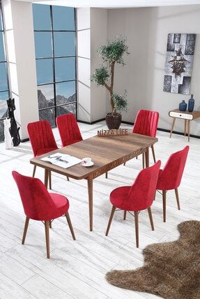 Motion Serisi Barok Ceviz Yemek Masası Mutfak Masası Açılır Masa Takımı 6 Sandalyeli - Kırmızı Goldsr07