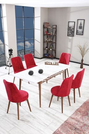 Revel Serisi Kristal Yemek Masası Mutfak Masası Açılır Masa Takımı 6 Sandalyeli - Kırmızı Goldsr09