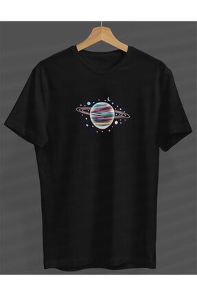Unisex Kadın-erkek Renkli Saturn Tasarım Siyah Yuvarlak Yaka T-shirt. S23358042560SİYAHNVM