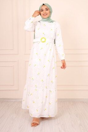 Kadın Fırfır Detay Çiçek Işlemeli Brode Elbise - Sarı MS00AN3034
