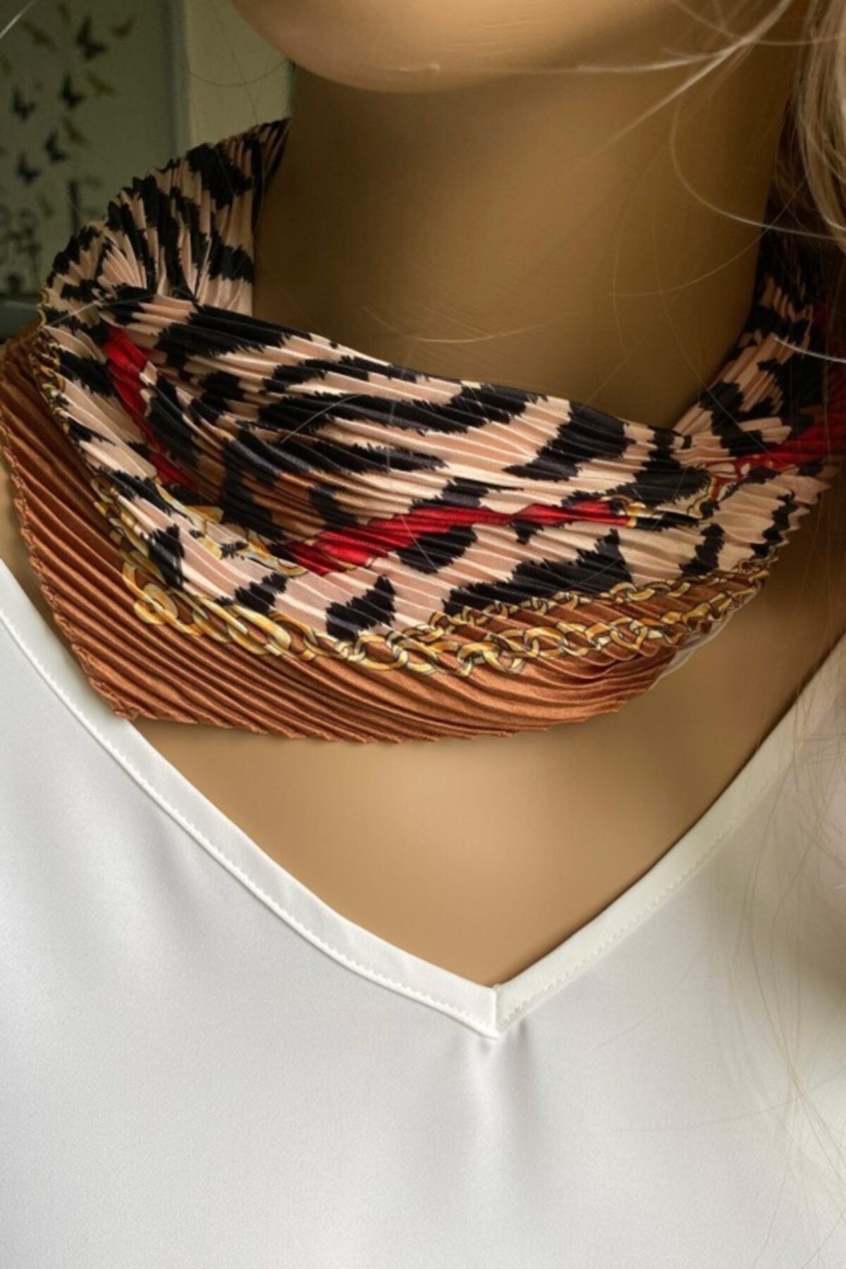 Artikel-Brown Chain Patterned Pleated Satin Scarf, Neck Collar, Hair Accessory 2