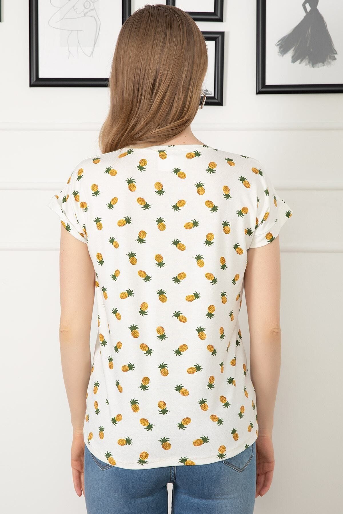 CeyCan Butik Pineapple Patterned V Neck T shirt Trendyol